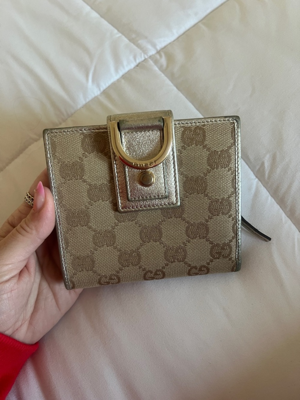 Gucci Beige Monogram Wallet with Metallic Gold Trim